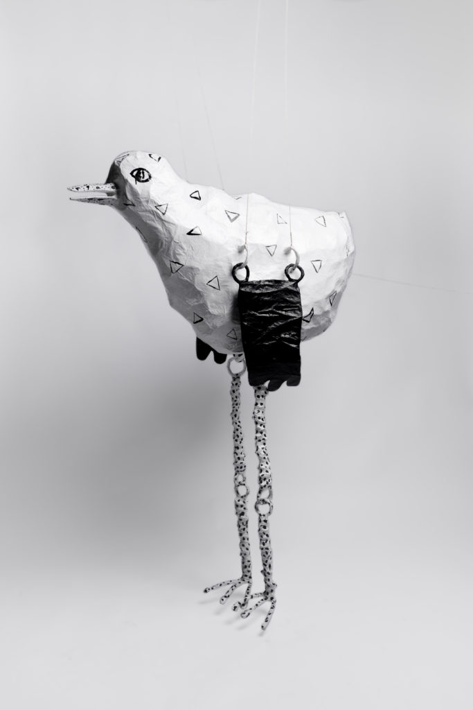 Paper mache and wire bird sculpture by Fox Larsson