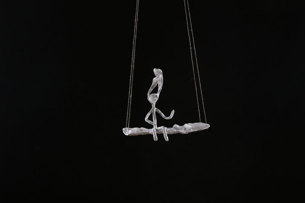 Fox Larsson Rabbit on Swing Sculpture in Wire and Paper-Mache