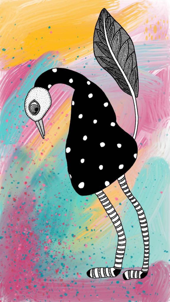 Drawing of bird  wearing very long striped socks, a digital mixed media piece by Fox Larsson