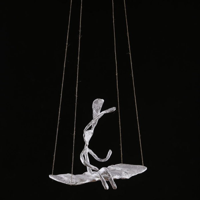 Fox Larsson Rabbit on Swing Sculpture in Wire and Paper-Mache