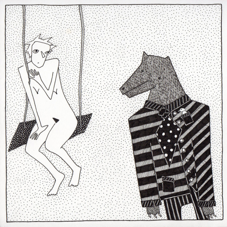 On the Swing - drawing of nude girl on swing and an overdressed wold in black pen by Fox Larsson