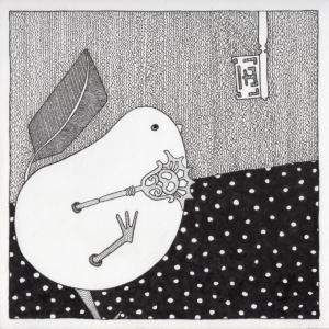 The Bird and the Keys - drawing in black pen by Fox Larsson