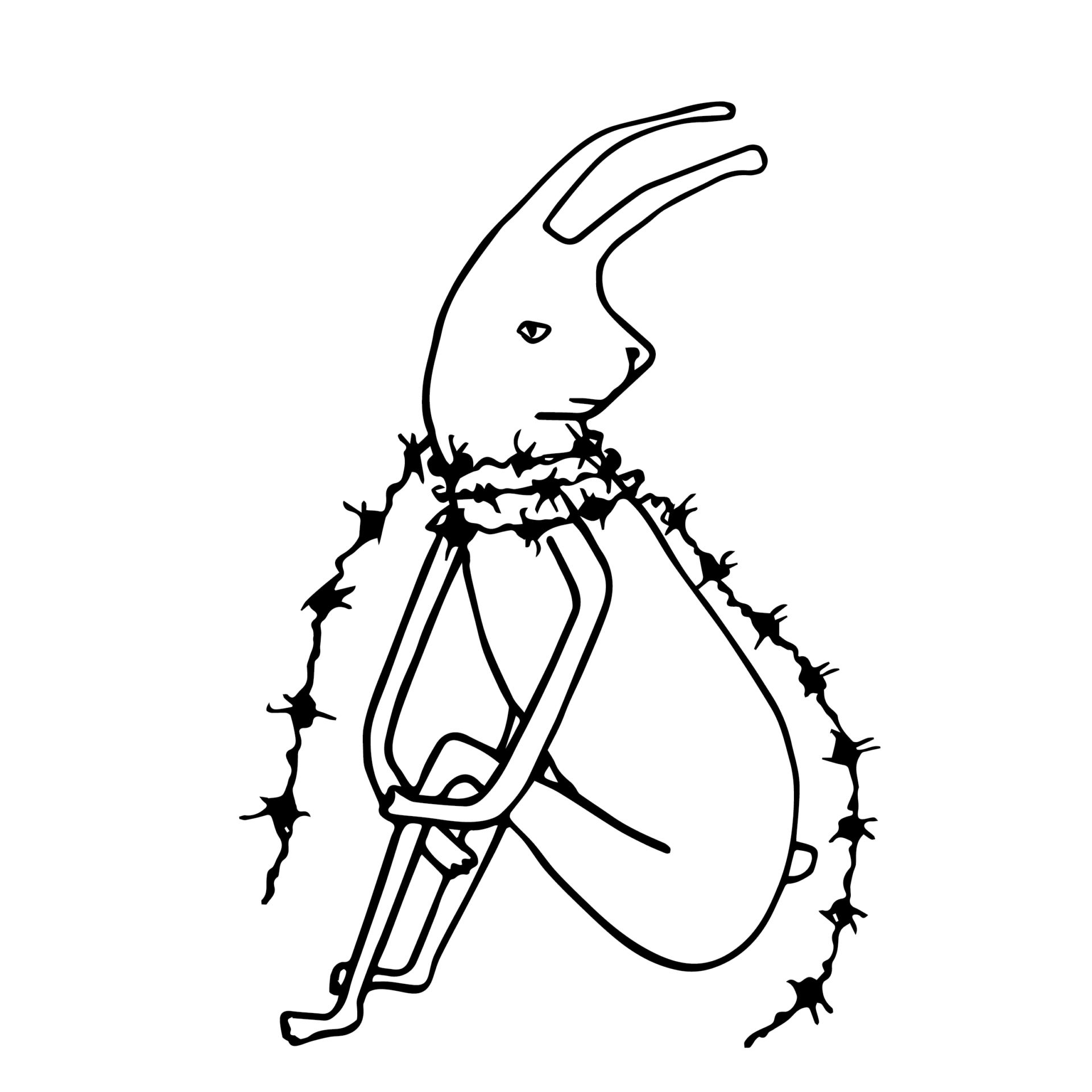 drawing of rabbit sitting very still with a line of barbed wire wrapped around throat as a scarf